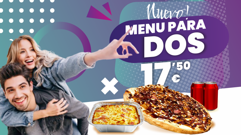 1 Pizza a eleguir, 1 Ptatas Gratinadas Grande con Queso, Bacon y una salsa y 2 Bebidas 50 cl