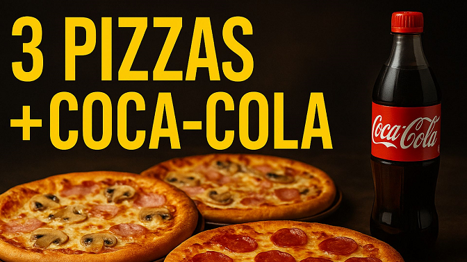 3 pizzas a elegir y Cola de 1,5l
