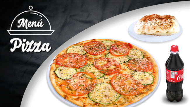 Pizza Mediana Especialidad o hasta 4 ingredientes, una bebida de 500 ml  y un postre a elegir entre helado Individual, tiramisú de  frambuesa o tiramisú clásico 