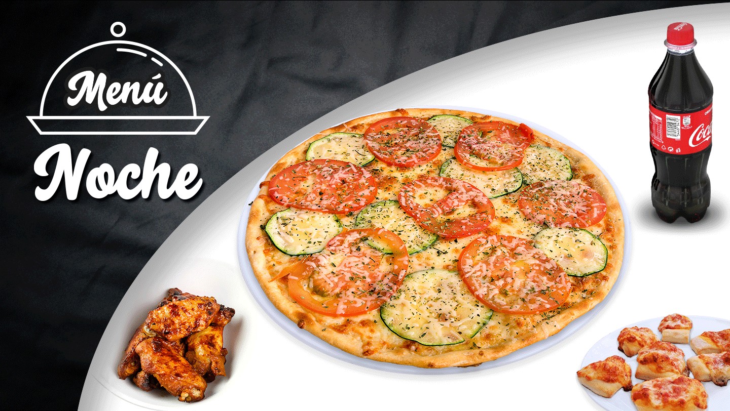 Pizza Mediana  Especialidad o hasta 4 ingredientes, un entrante a elegir entre Panes de Ajo, Alitas de Pollo o Delicias de Queso y dos bebidas de 500ml.