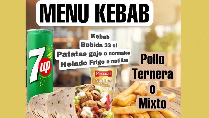KEBAB DE POLLO, TERNERA O MIXTO, CON  PATATAS FRITAS O GAJO, BEBIDA 33 CL Y HELADO FRIGO O NATILLAS. 9,25 €