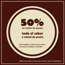 40% en el pedido de una pizza en cualquier tamaño, TODOS LOS DIAS DE LA SEMANA