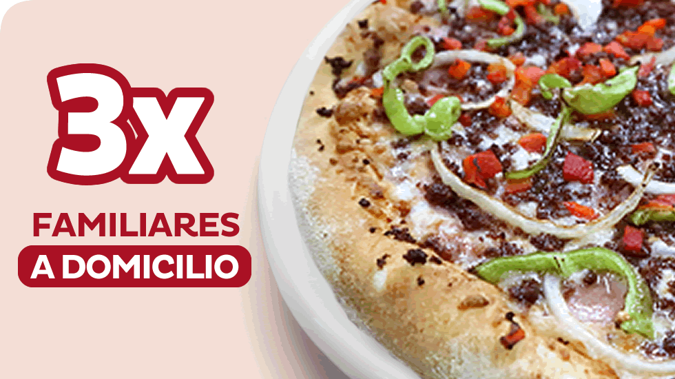 3 pizzas familiares por 46.95€. Oferta válida para todas las pizzas de la carta o hasta 5 ingredientes.