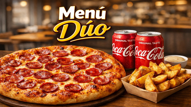 Menú para compartir: Pizza mediana + Entrante + 2 bebidas.