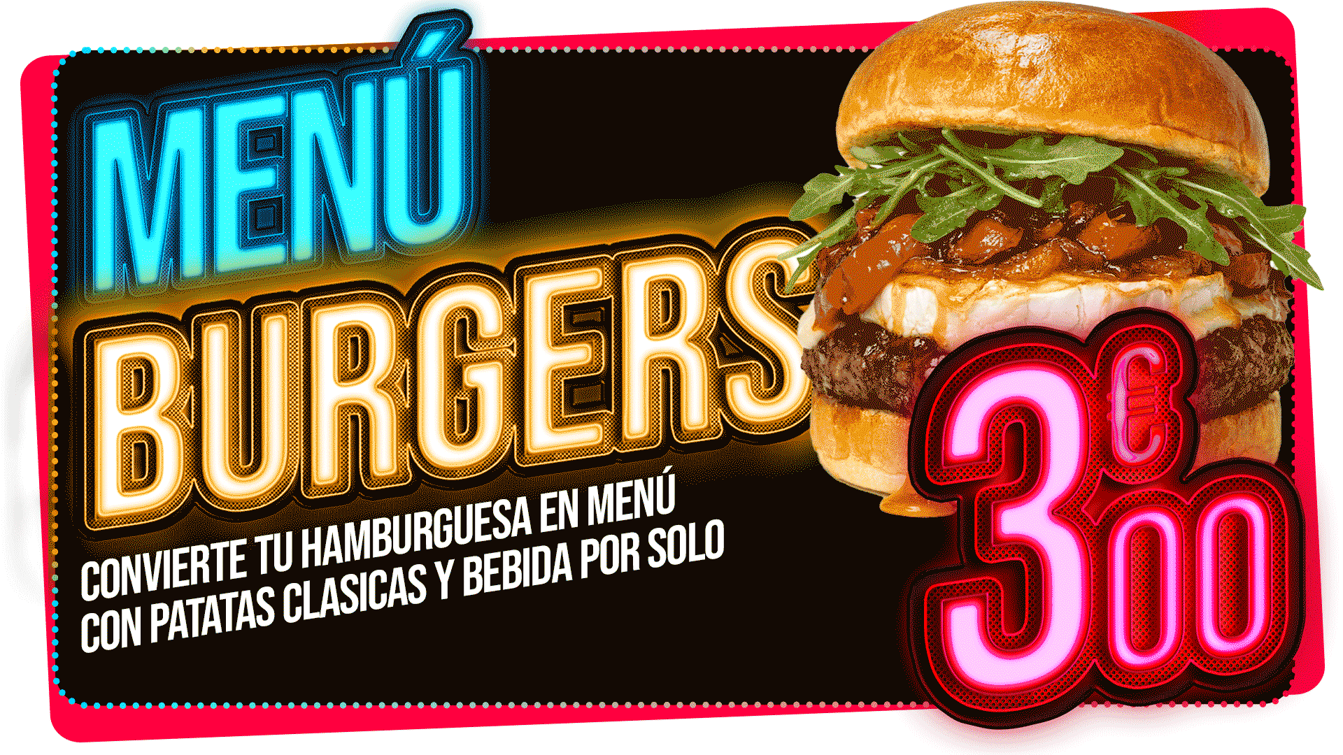 convierte tu hamburguesa en menu con patatas clasicas y bebida por solo 3€