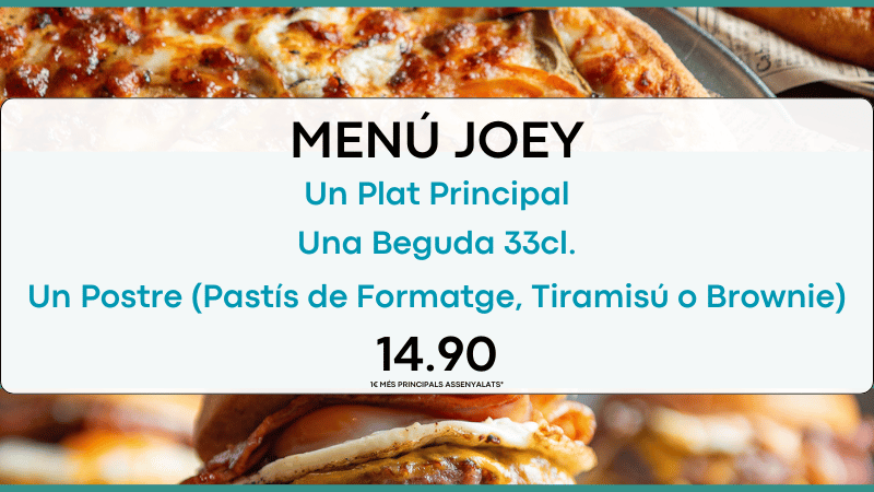 1 Plat Principal (Amanida o Pizza o Burger), 1 Llauna (Refresc/Cervesa o Aigua) i 1 Postre (Pastís de Formatge, Tiramisú o Brownie). Perfecte per gaudir sense haver de pensar en compartir! Despeses d'enviament no incloses.