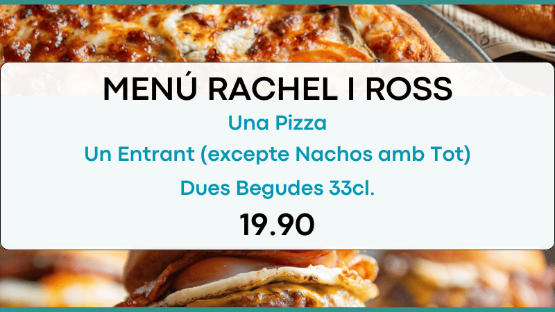 1 Pizza, 1 Entrant (excepte Nachos amb tot) i 2 Llaunes (Refresc/Cervesa o Aigua).  Perfecte per compartir els millors moments i riures, i recordar que, en el fons, sempre esteu "en un descans". Despeses d'enviament no incloses.
