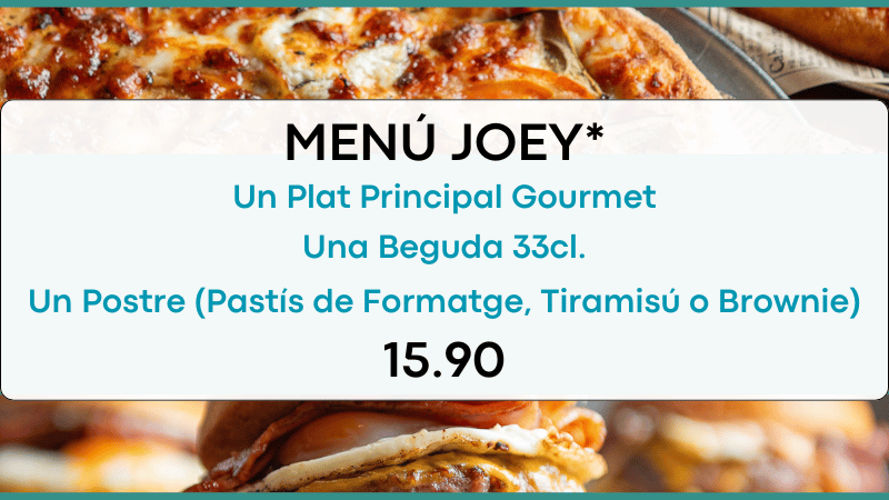 1 Plat Principal (Amanida o Pizza o Burger), 1 Llauna (Refresc/Cervesa o Aigua) i 1 Postre (Pastís de Formatge, Tiramisú o Brownie). Perfecte per gaudir sense haver de pensar en compartir! Despeses d'enviament no incloses.