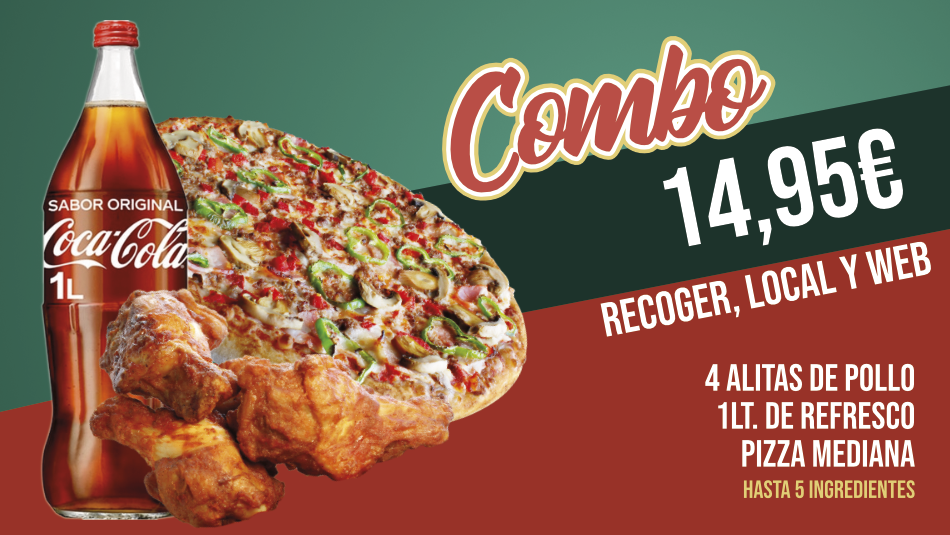 Mediana hasta 5 ingredientes, con 4 alitas y un litro de refresco
