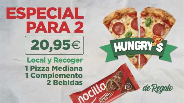Pizza mediana hasta 5 ingredientes, dos bebidas, complemento 
