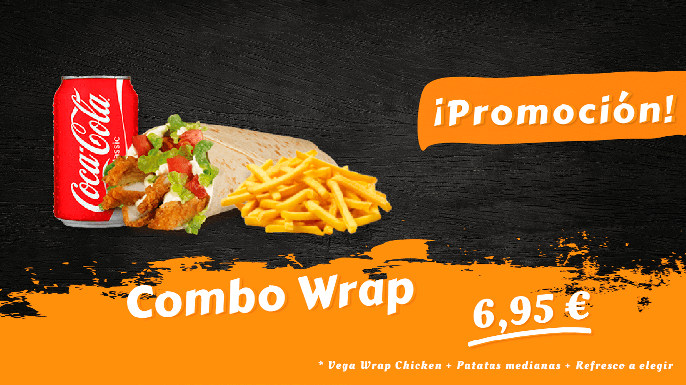 Vega Wrap Chicken + Patatas medianas + Refresco a elegir.