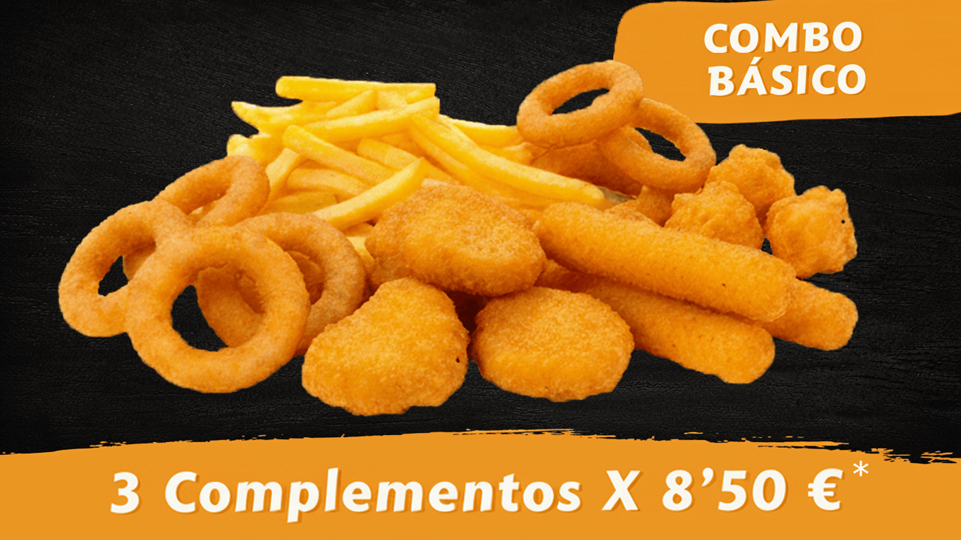 A elegir entre patatas fritas, aros de cebolla, nuggets, fingers de queso y palomitas de pollo.