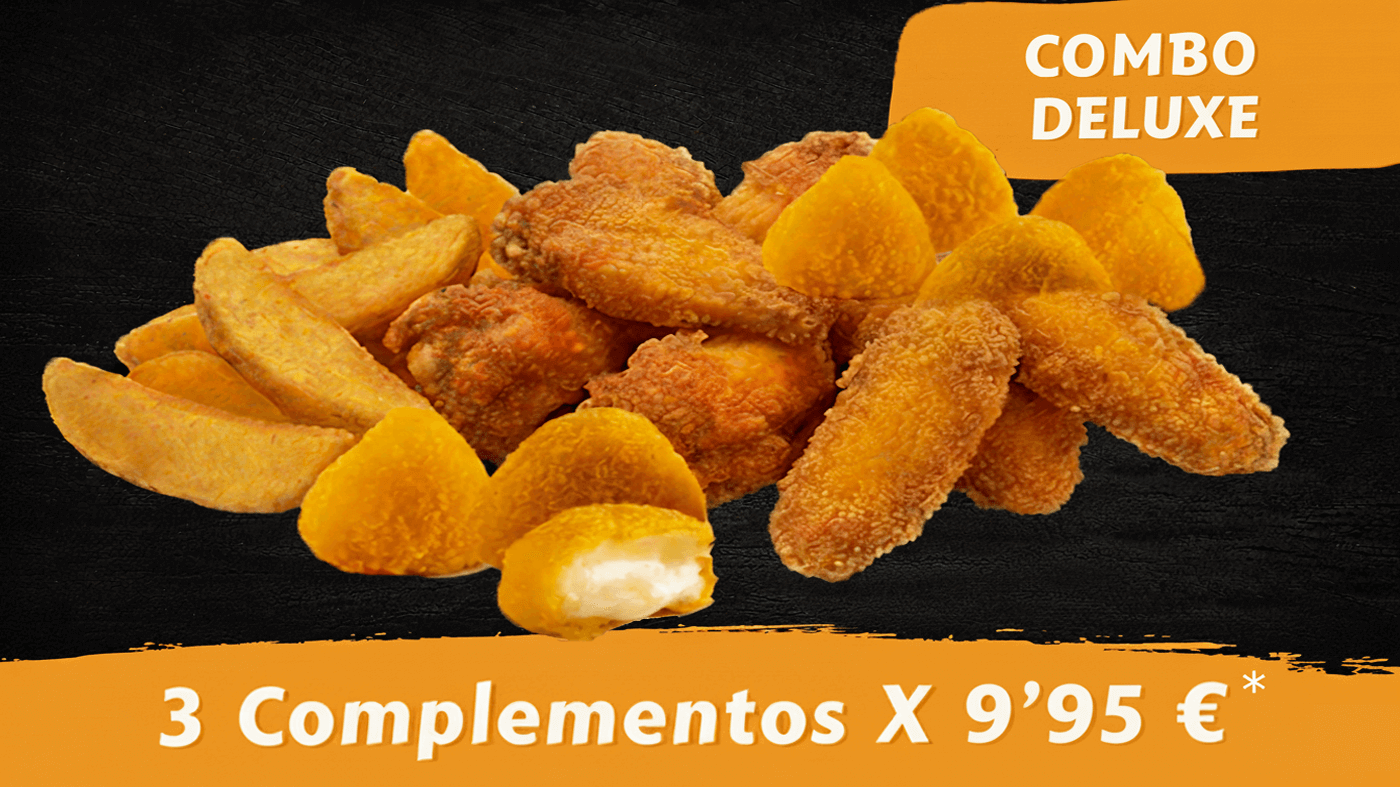 A elegir entre patatas gajo, alitas de pollo, jalapeños, bocaditos brie y fingers de pollo.