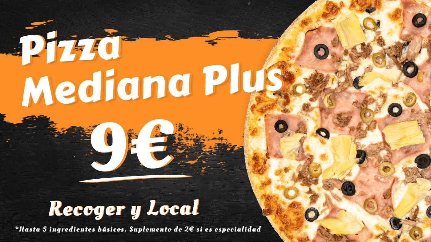 Pizza al gusto hasta 5 ingredientes básicos. Suplemento 2 € si es pizza especial.