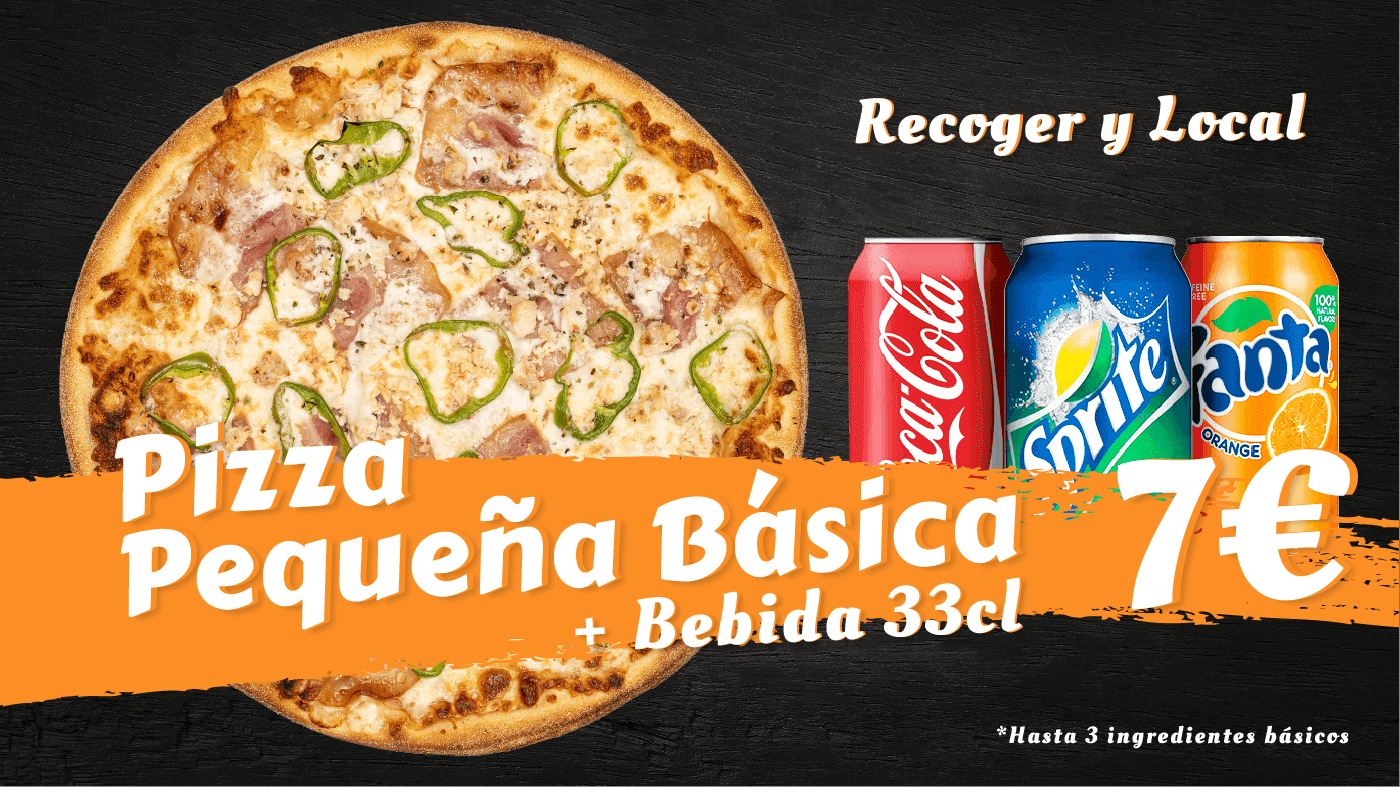 Pizza al gusto hasta 3 ingredientes básicos y a elegir un refresco, lata de cerveza o agua 50 cl.