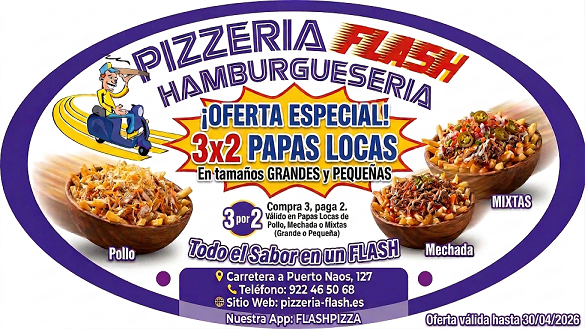 Pide 3 papas locas y paga solo 2, de pollo, mechada o mixtas, grandes o pequeñas. Hasta el 30 de Abril 