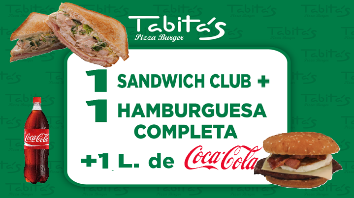 Una Hamburguesa Completa y un Sandwich Club mas 1 Litro de Refresco por 7.50€