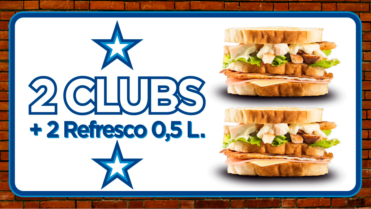 2 sandwich club + 2 Refrescos a elegir por 8.00€.    Válido Solo Pedidos por Web.