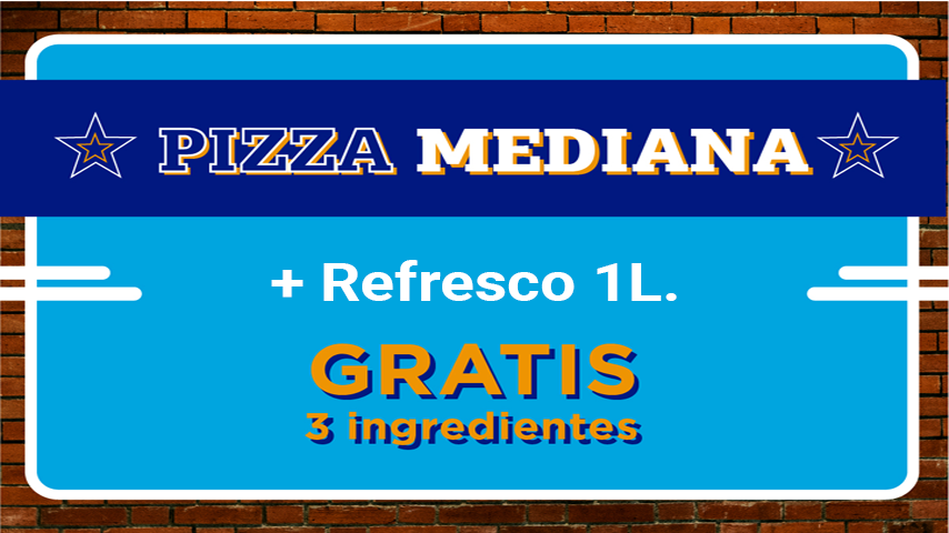 Pizza Mediana ( 3 ingredientes Gratis) + 1 Litro de Refresco por 7,50€.                                                   Válido Solo Pedidos por Web.