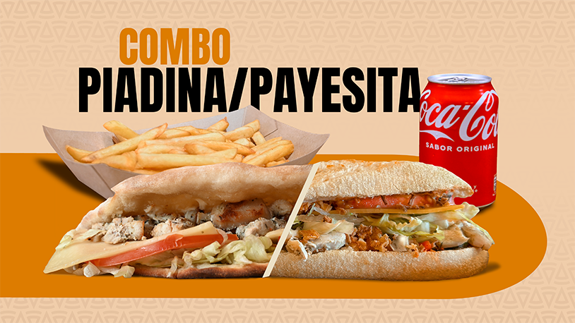 Piadina/Payesita Pollo, Patatas Normales y Refresco 0.33cl o Agua Pequeña.