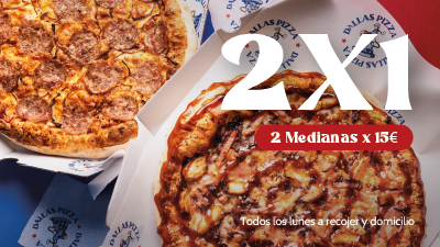 2 x 1 Medianas De lunes a jueves (Excepto vísperas o festivos) Recogida. * Condiciones: + 1€ por cada pizza deluxe, +1,95€ por borde de queso, pizzas mitad y mitad excluidad de la promoción.