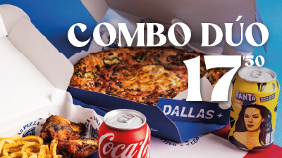 Combo dúo Classic por 17.50€ 1 mediana classic (+1€ por pizza deluxe) + 2 latas de refresco+ 2 complementos (A elegir) patatas tejanas/ alitas/ aros por 17.50€. +1€ mediana deluxe.Todos los días A recoger